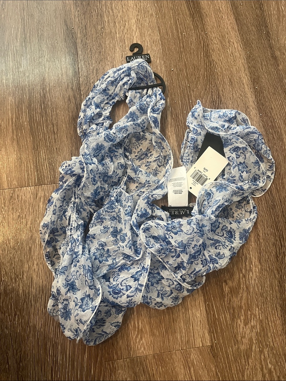Lauren Ralph Lauren White Ruffled Scarf with Blue Floral Print